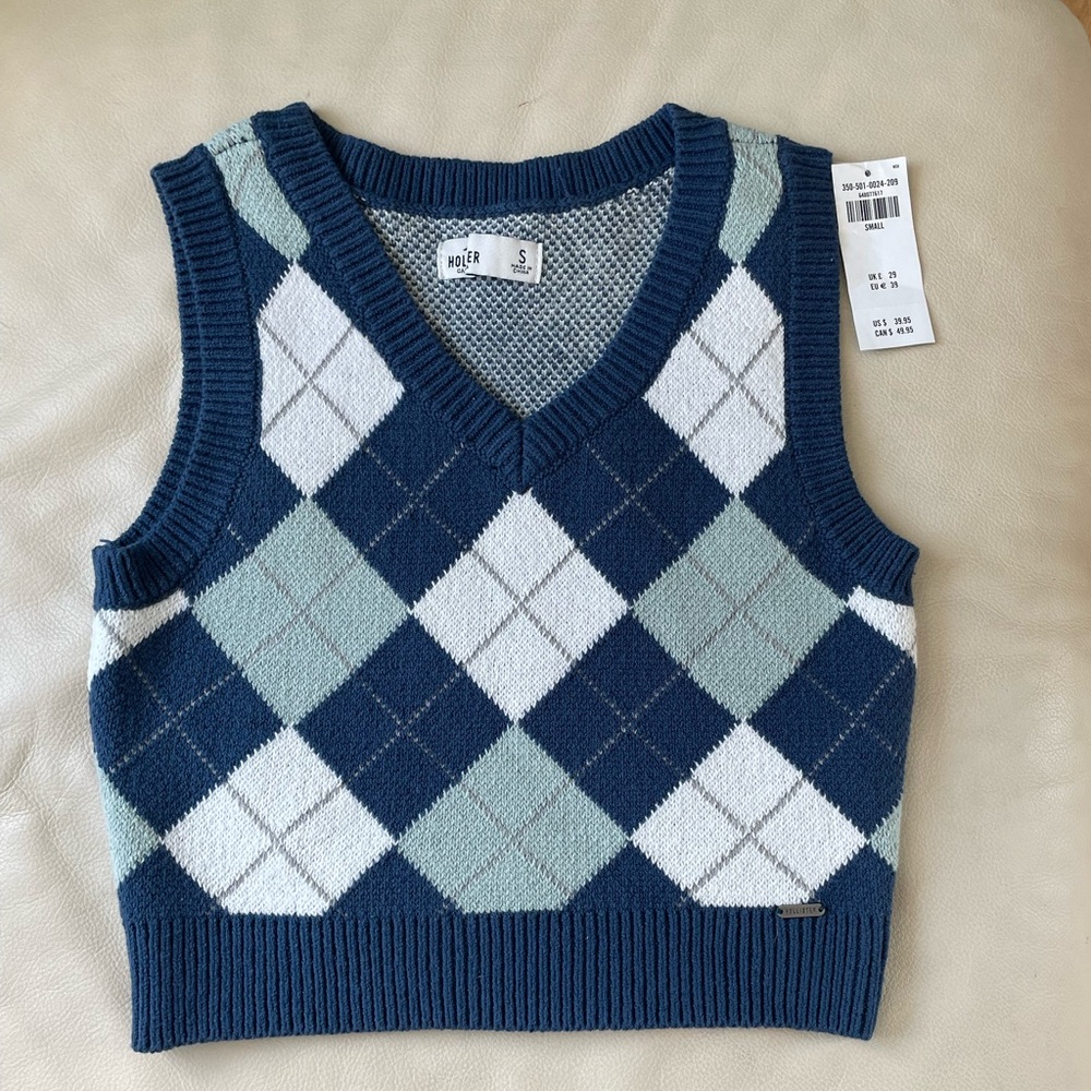 HOLLISTER Blue Argyle Knit Vest NEW WITH TAGS size small